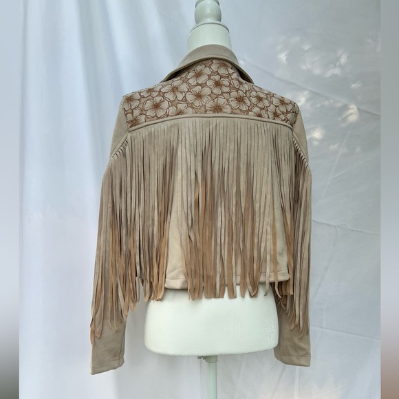 Faux Suede Fringe Jacket with hand burned flowers - Picture 3 of 5